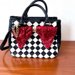 Betsey Johnson Harlequin B/W Patterned w/Red Sequin Bow Satchel/Crossbody